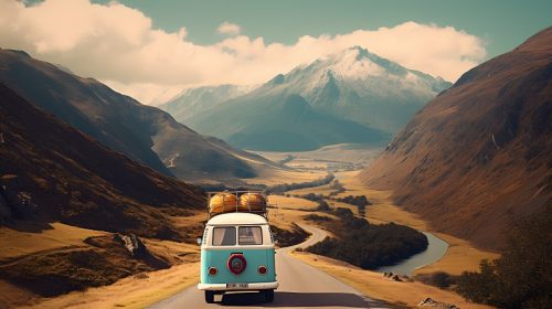 On the Road Again vintage camper van parked on a winding mountai